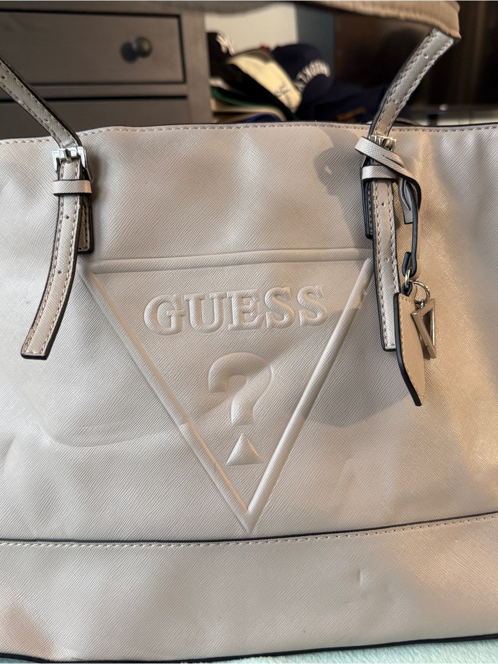 GUESS BB637125 Nude Beige Triangle Logo Charm Shoulder Tote Bag